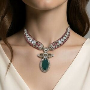 Sabyasachi Inspired Ruby And Gold Necklace with Emerald Zircon Stone